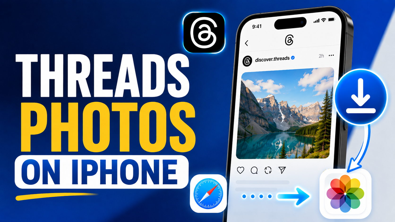 Illustration of an iPhone browser saving a Threads photo into Files and then Photos.