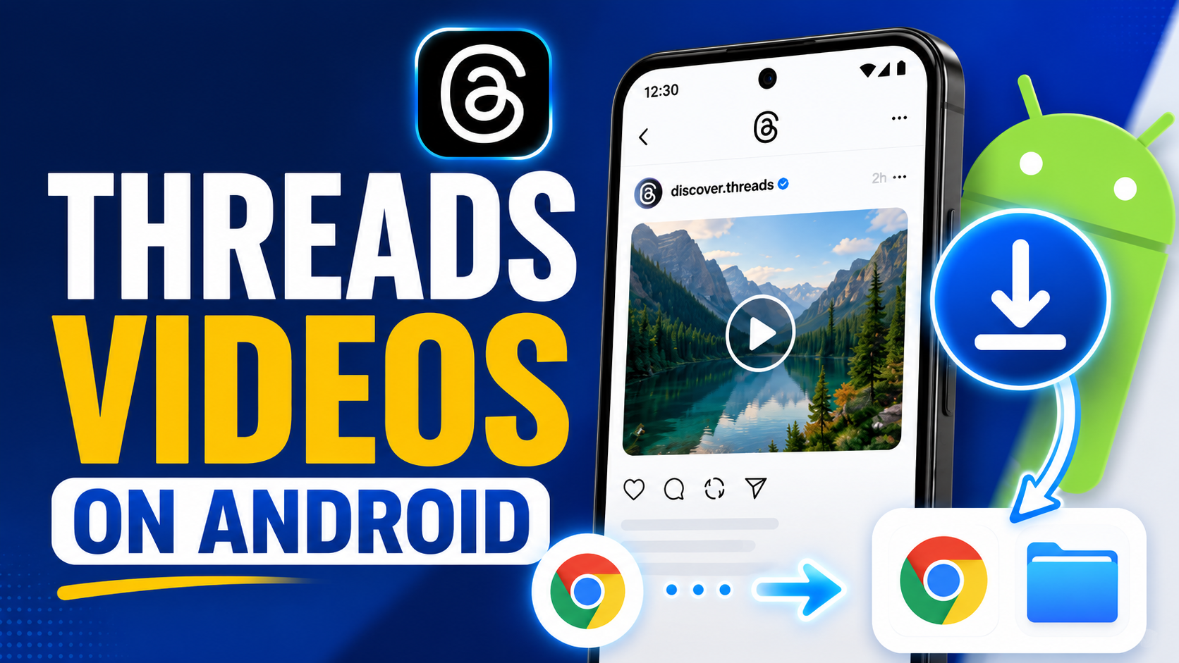 Illustration of an Android phone downloading a Threads video into the Downloads folder.