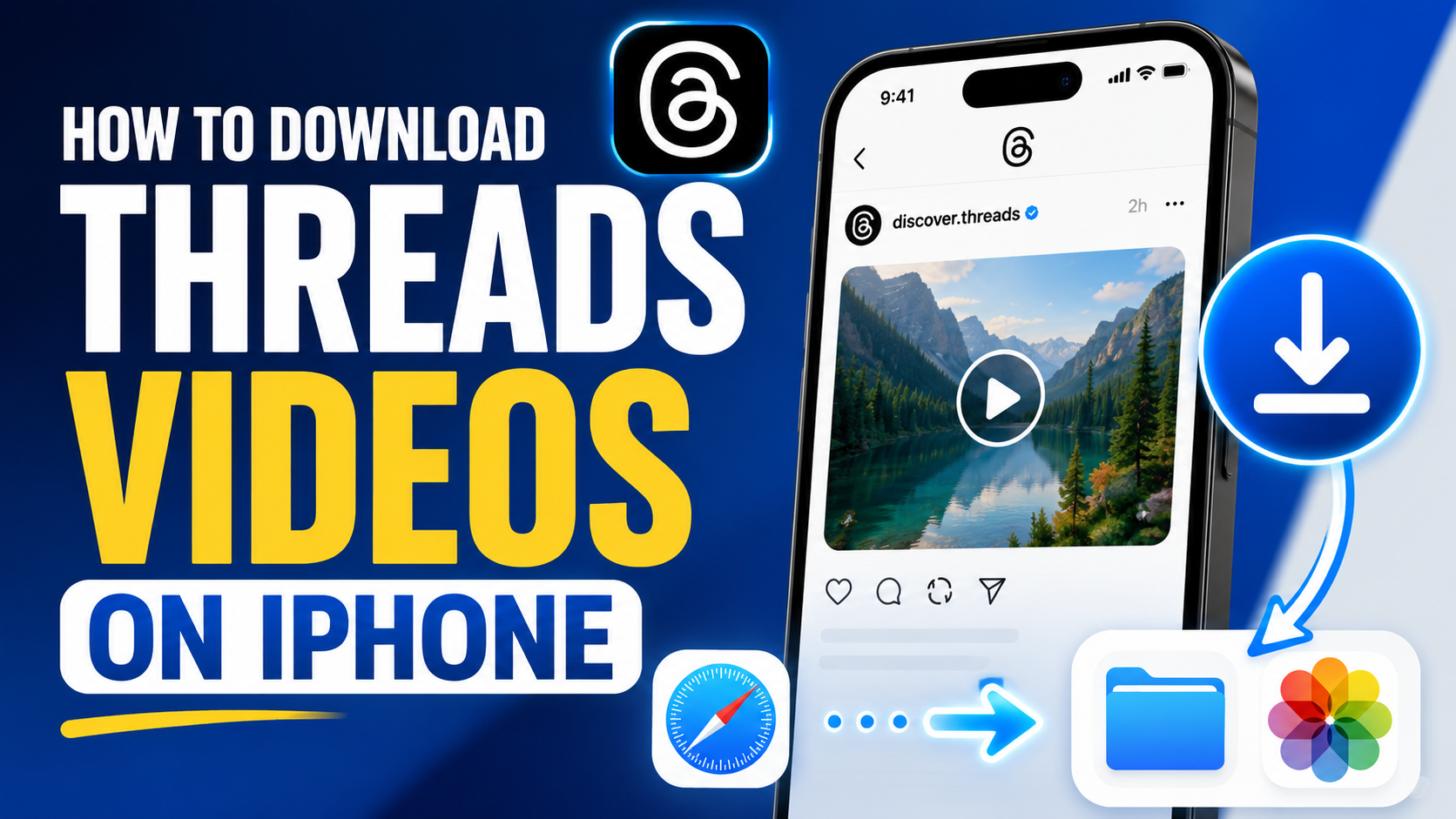 Illustration of an iPhone downloading a Threads video through a browser into the Files and Photos apps.