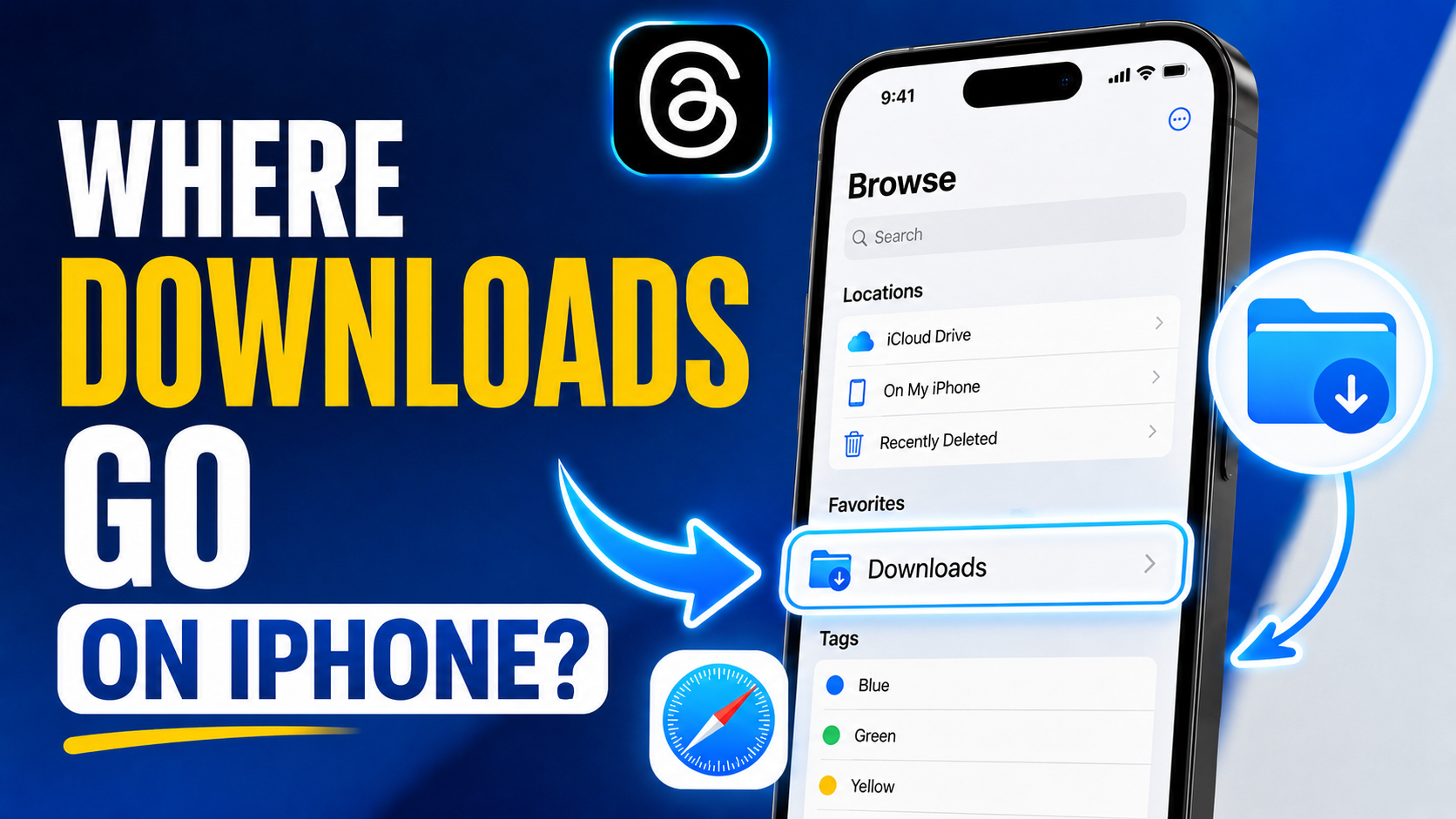 Illustration mapping an iPhone browser download to Safari Downloads, Files, iCloud Drive, and Photos.